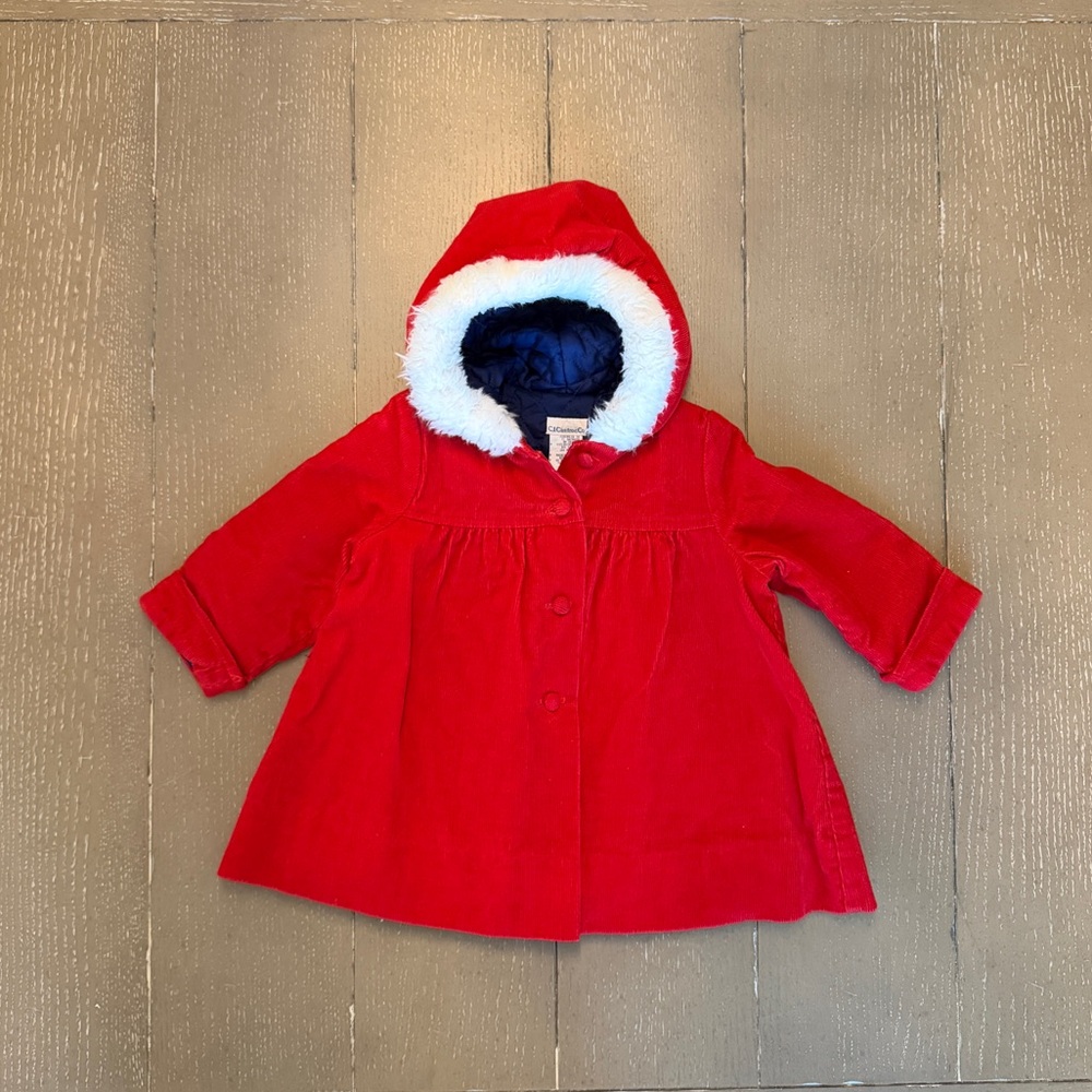 Vintage C.I. Castro & Co Baby Girl Red Corduroy Faux Fur Hooded Coat • Size 24M